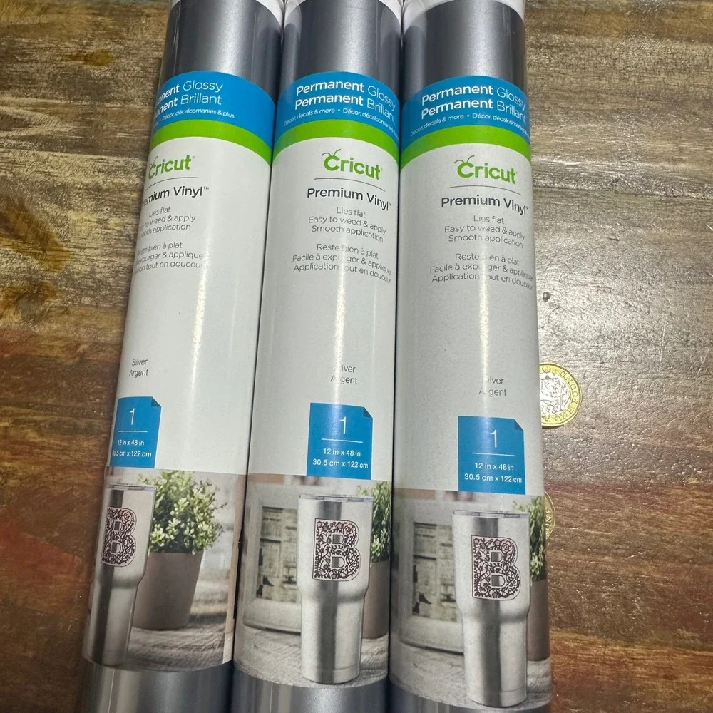 Lot of 3 Cricut Premium Vinyl Permanent Glossy Silver 12x48in Rolls 2008271